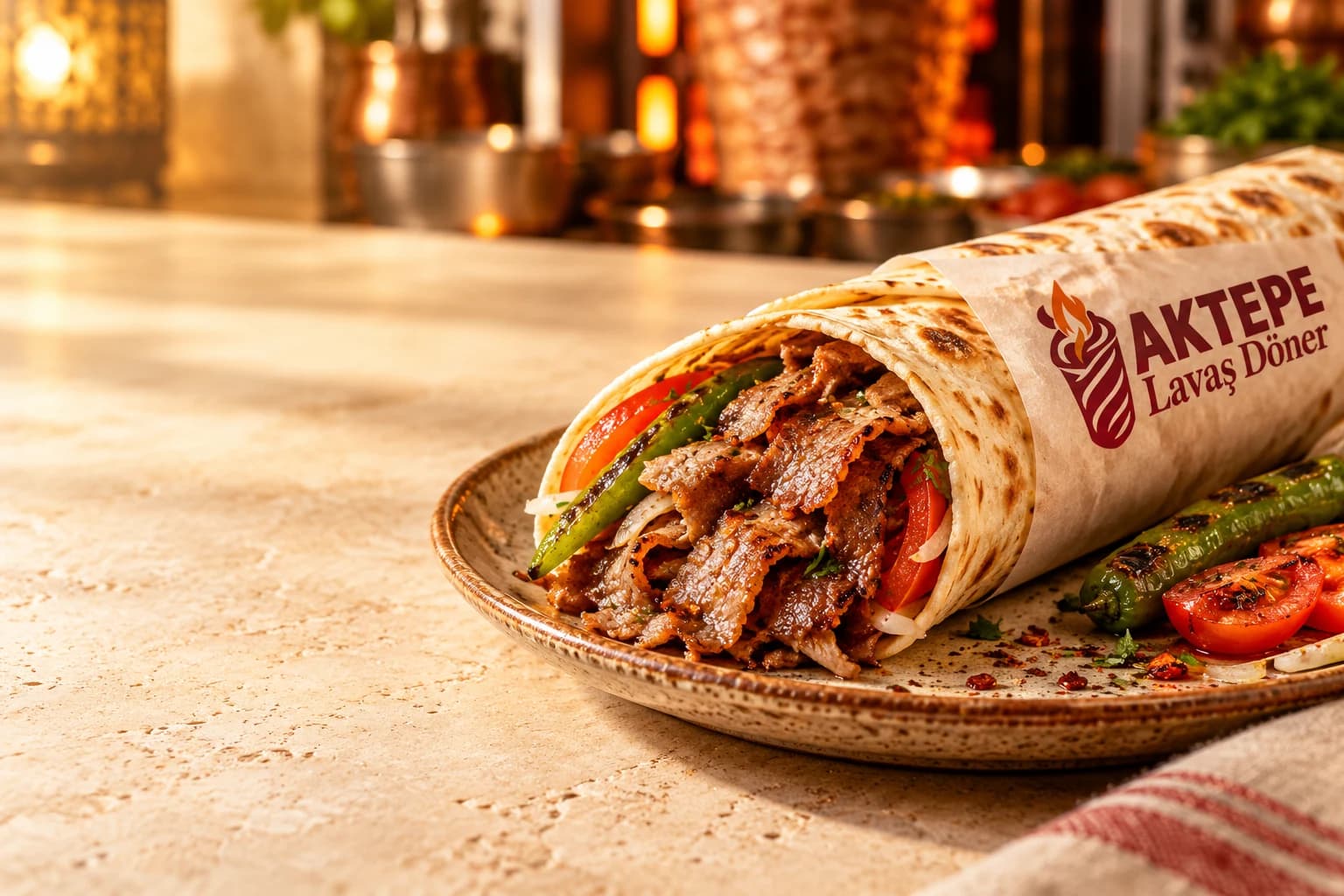 AKTEPE Lavaş Döner ambalajında, közlenmiş biber ve domates eşliğinde servis tabağında sıcak lavaş döner sunumu
